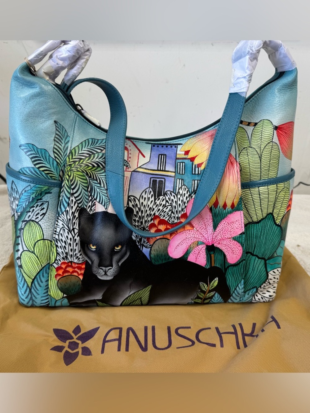 Anuschka Teal Hand-Painted Jungle Panther Shoulder Bag